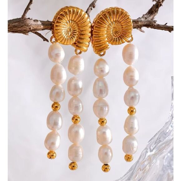 Anthropologie Jewelry - Gold Plated Stainless Steel Nautilus Pearl Drop Earring